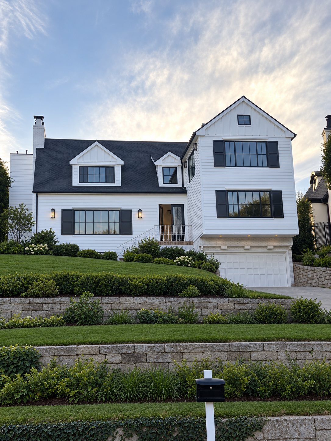 White two-story home above terraced stone retaining walls